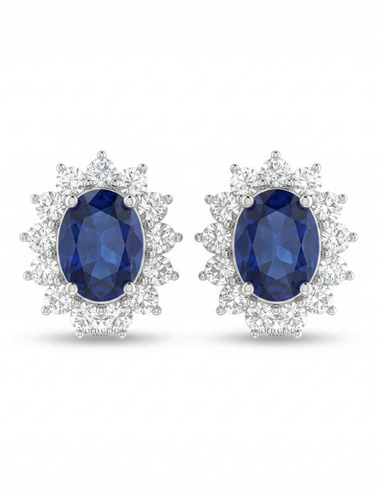 Blue Sapphire Oval Cut Halo Stud Earring Earrings