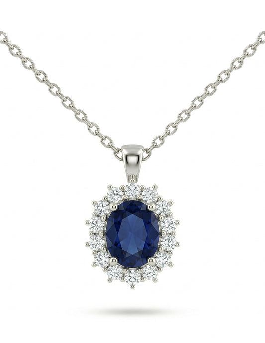 Blue Sapphire Oval Cut Halo Diamond Pendant Necklaces