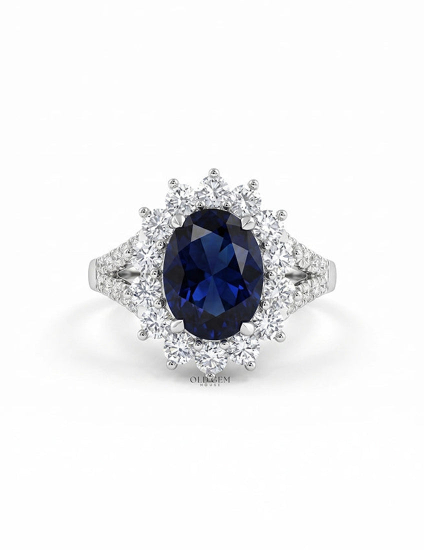 Retro Blue Sapphire Oval Cut Halo Accent Ring Engagement Ring