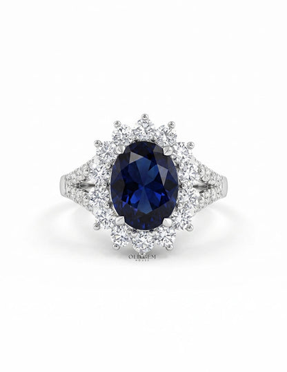 Retro Blue Sapphire Oval Cut Halo Accent Ring Engagement Ring