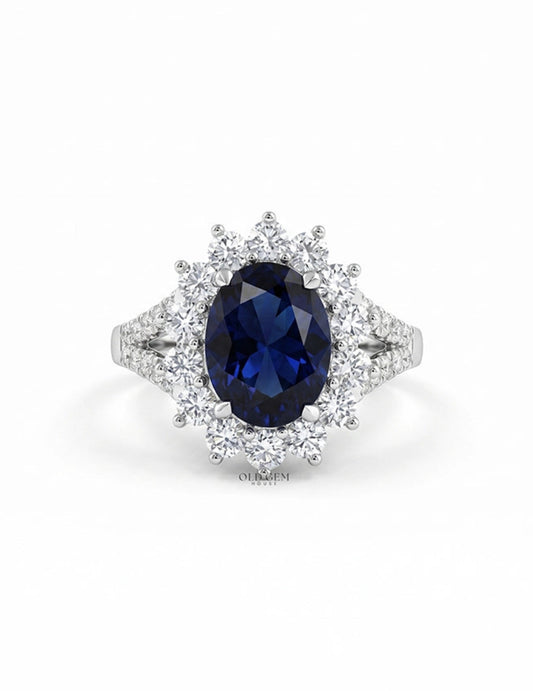 Retro Blue Sapphire Oval Cut Halo Accent Ring Engagement Ring