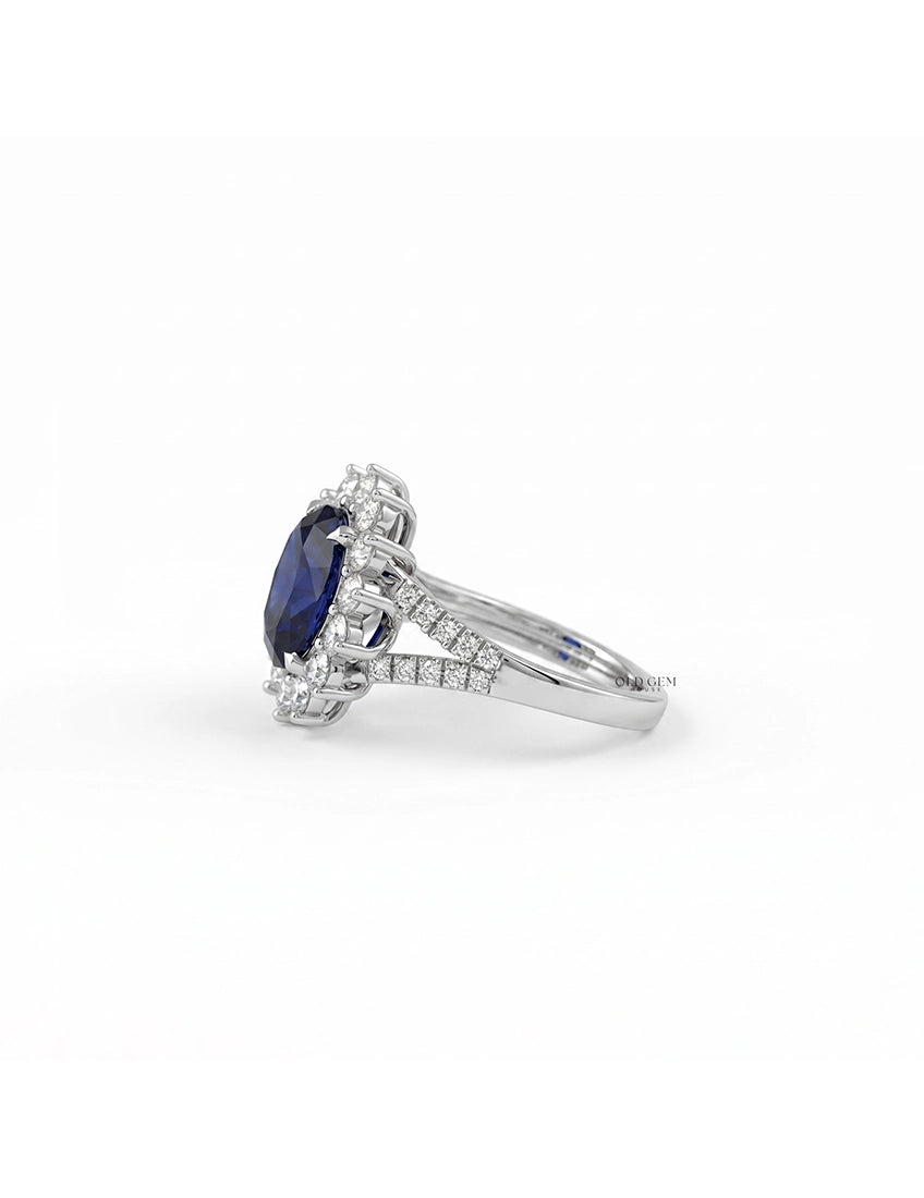 Retro Blue Sapphire Oval Cut Halo Accent Ring Engagement Ring