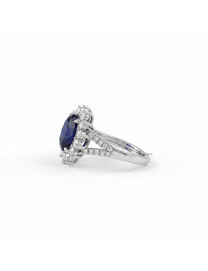 Retro Blue Sapphire Oval Cut Halo Accent Ring Engagement Ring
