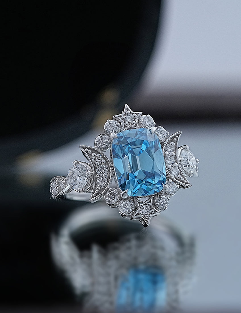 Victorian Blue Old Mine Cushion Crescent Moon Vintage Ring Engagement Ring
