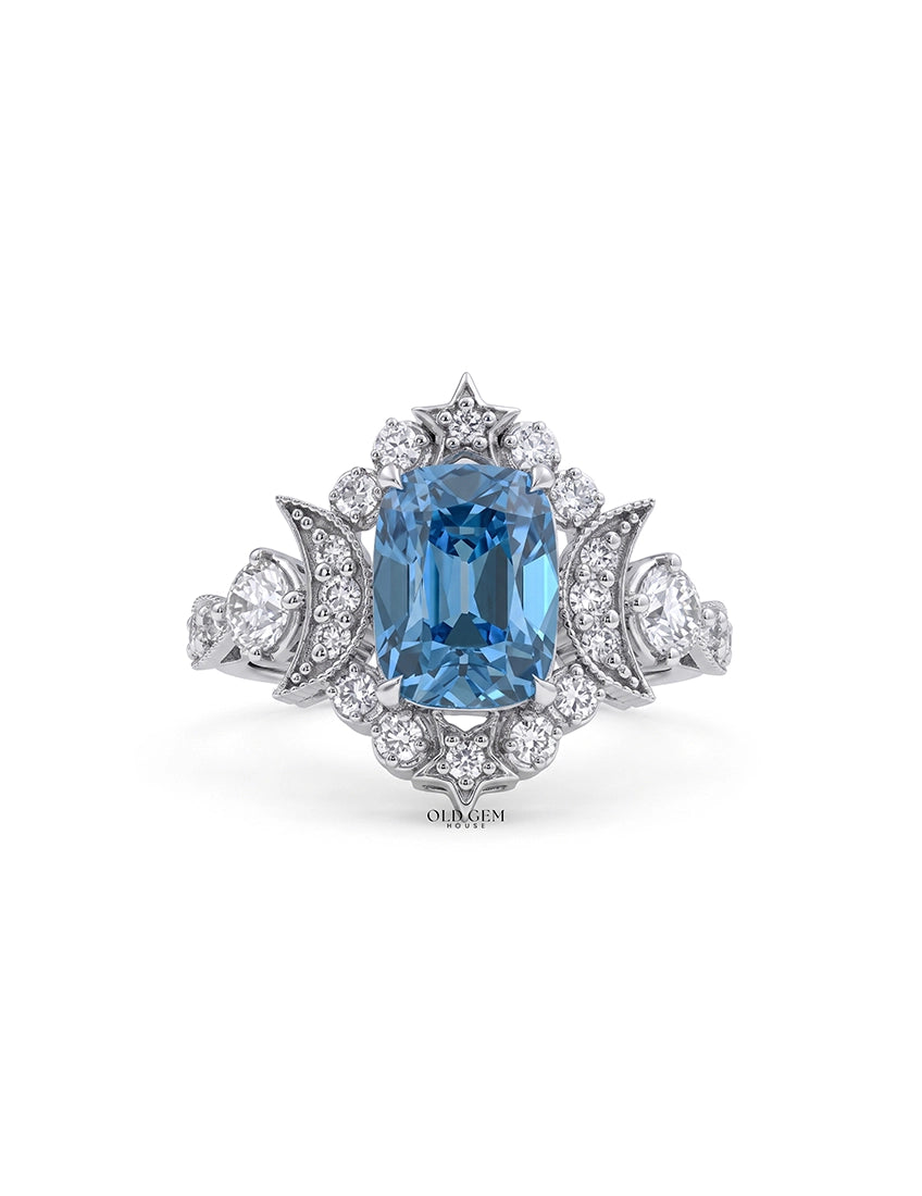 Victorian Blue Old Mine Cushion Crescent Moon Vintage Ring Engagement Ring