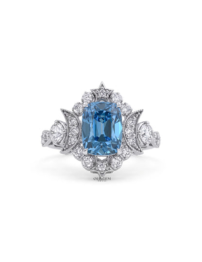 Victorian Blue Old Mine Cushion Crescent Moon Vintage Ring Engagement Ring