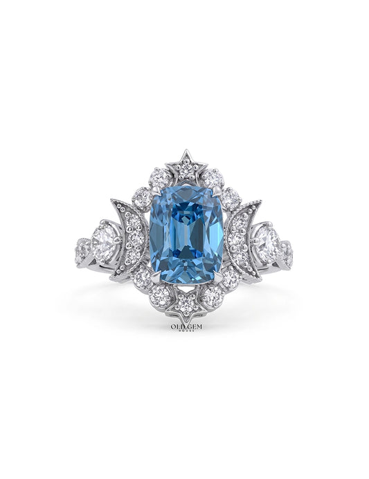 Victorian Blue Old Mine Cushion Crescent Moon Vintage Ring Engagement Ring