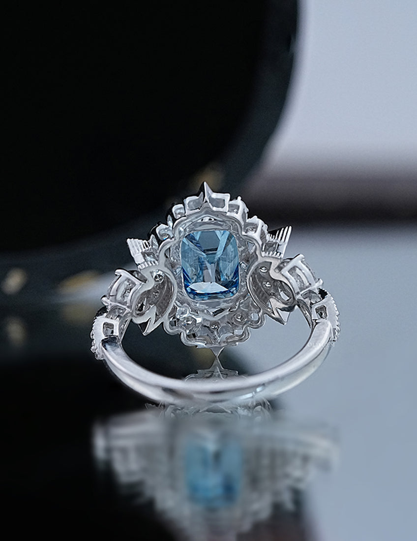 Victorian Blue Old Mine Cushion Crescent Moon Vintage Ring Engagement Ring