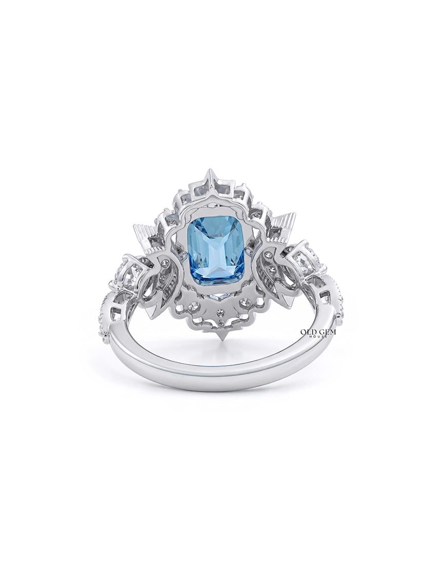 Victorian Blue Old Mine Cushion Crescent Moon Vintage Ring Engagement Ring