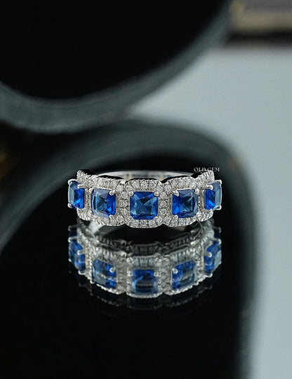 Art Deco Blue Asscher Gemstone Halo Five Stone Wedding Band Wedding Band