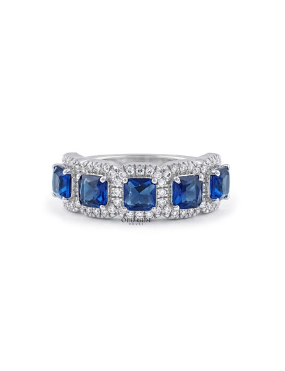 Art Deco Blue Asscher Gemstone Halo Five Stone Wedding Band Wedding Band