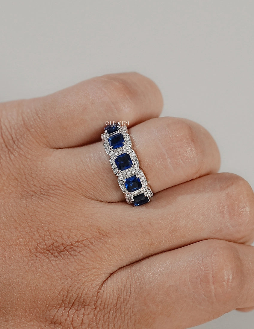 Art Deco Blue Asscher Gemstone Halo Five Stone Wedding Band Wedding Band