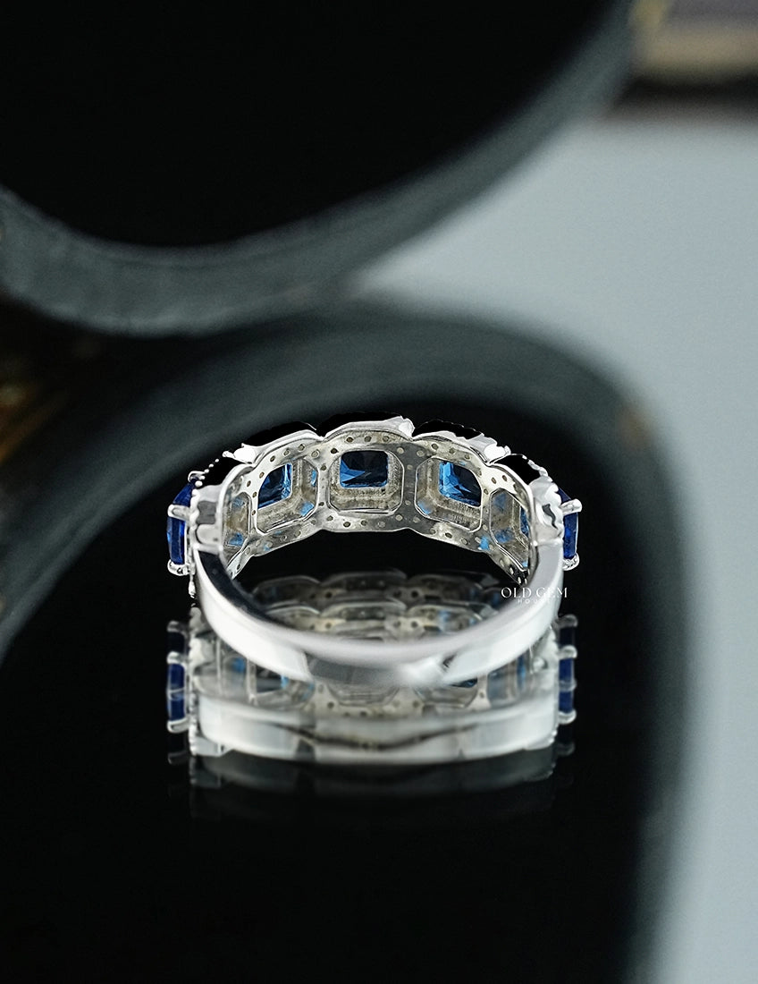 Art Deco Blue Asscher Gemstone Halo Five Stone Wedding Band Wedding Band