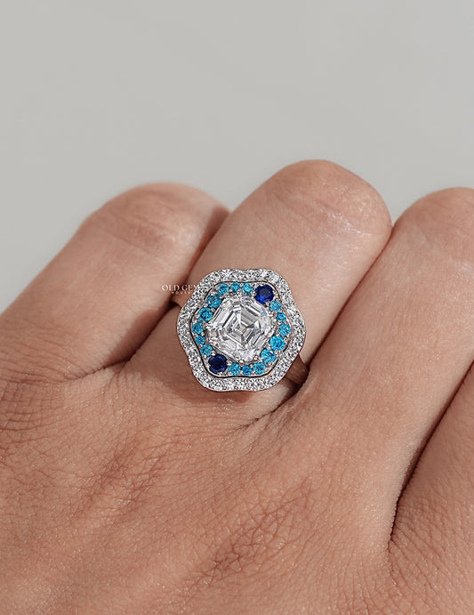 Old Mine Asscher Blue Sapphire Halo Ring