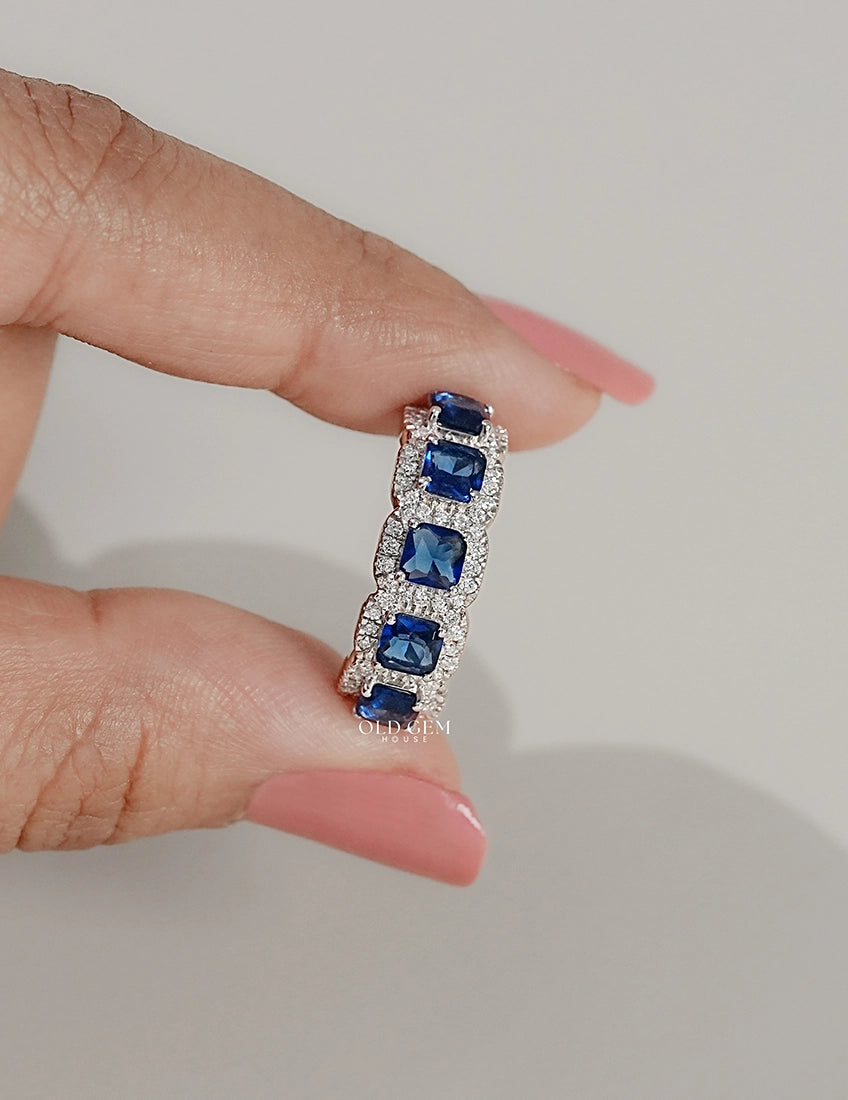 Art Deco Blue Asscher Gemstone Halo Five Stone Wedding Band Wedding Band