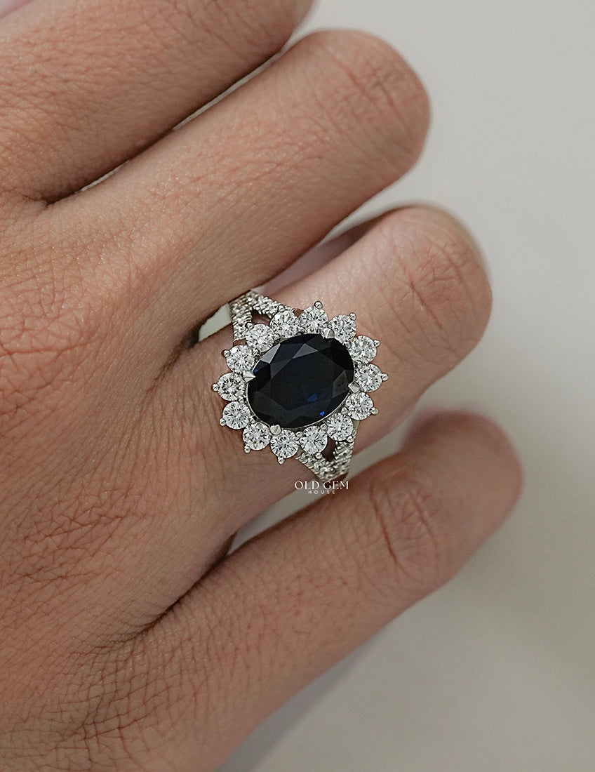 Retro Blue Sapphire Oval Cut Halo Accent Ring Engagement Ring