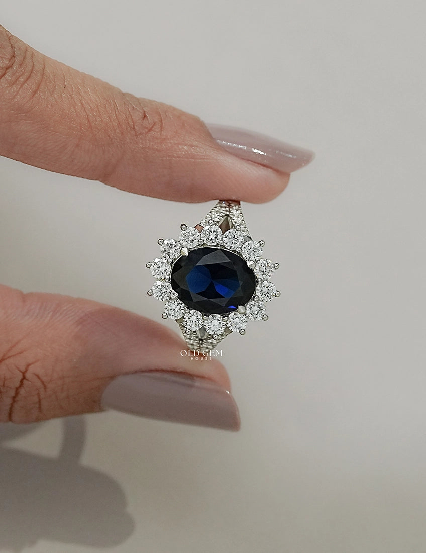 Retro Blue Sapphire Oval Cut Halo Accent Ring Engagement Ring