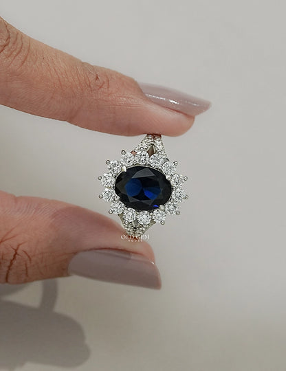 Retro Blue Sapphire Oval Cut Halo Accent Ring Engagement Ring