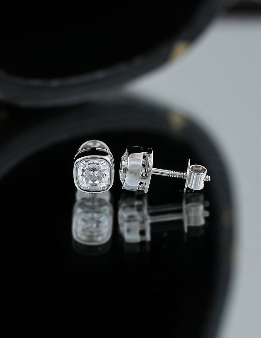 Old Mine Cushion Bezel Stud Earrings