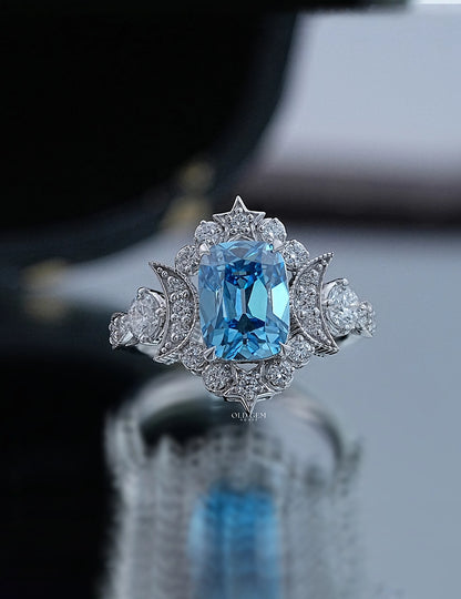 Victorian Blue Old Mine Cushion Crescent Moon Vintage Ring Engagement Ring
