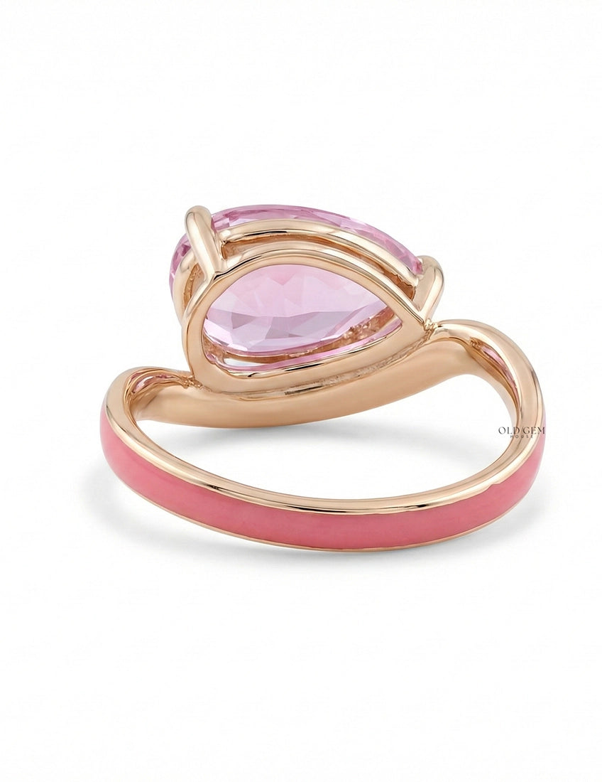 Pink Tourmaline Art Deco Pear Cut Enamel Curved Ring Engagement Ring