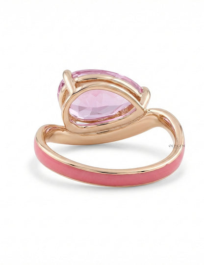Pink Tourmaline Art Deco Pear Cut Enamel Curved Ring Engagement Ring