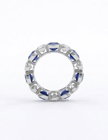 Cushion Cut Sapphire And Round Diamond Eternity Band Wedding Band