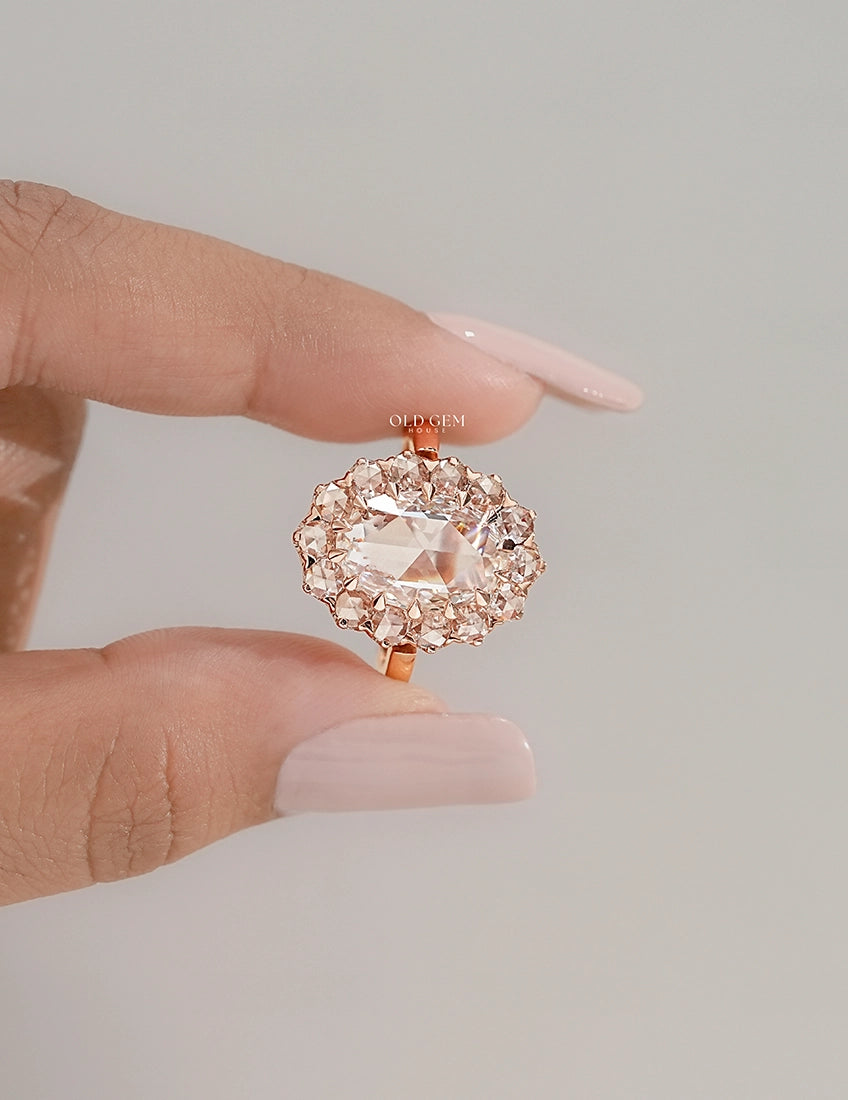 Oval Rose Cut  Lab Diamond Halo Engagement Ring