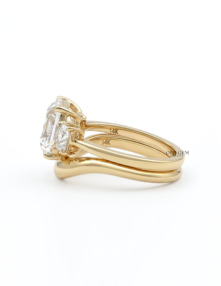 Georgian Old Mine Cushion Trilogy Diamond Curved Ring Set Engagement Ring