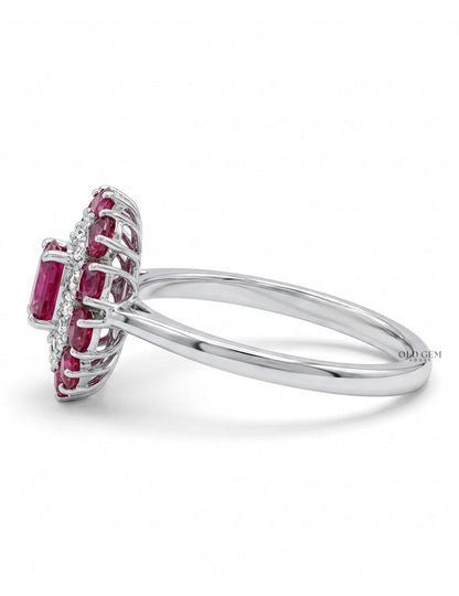 Art Deco Oval Ruby Gemstone Double Halo Engagement Ring Engagement Ring