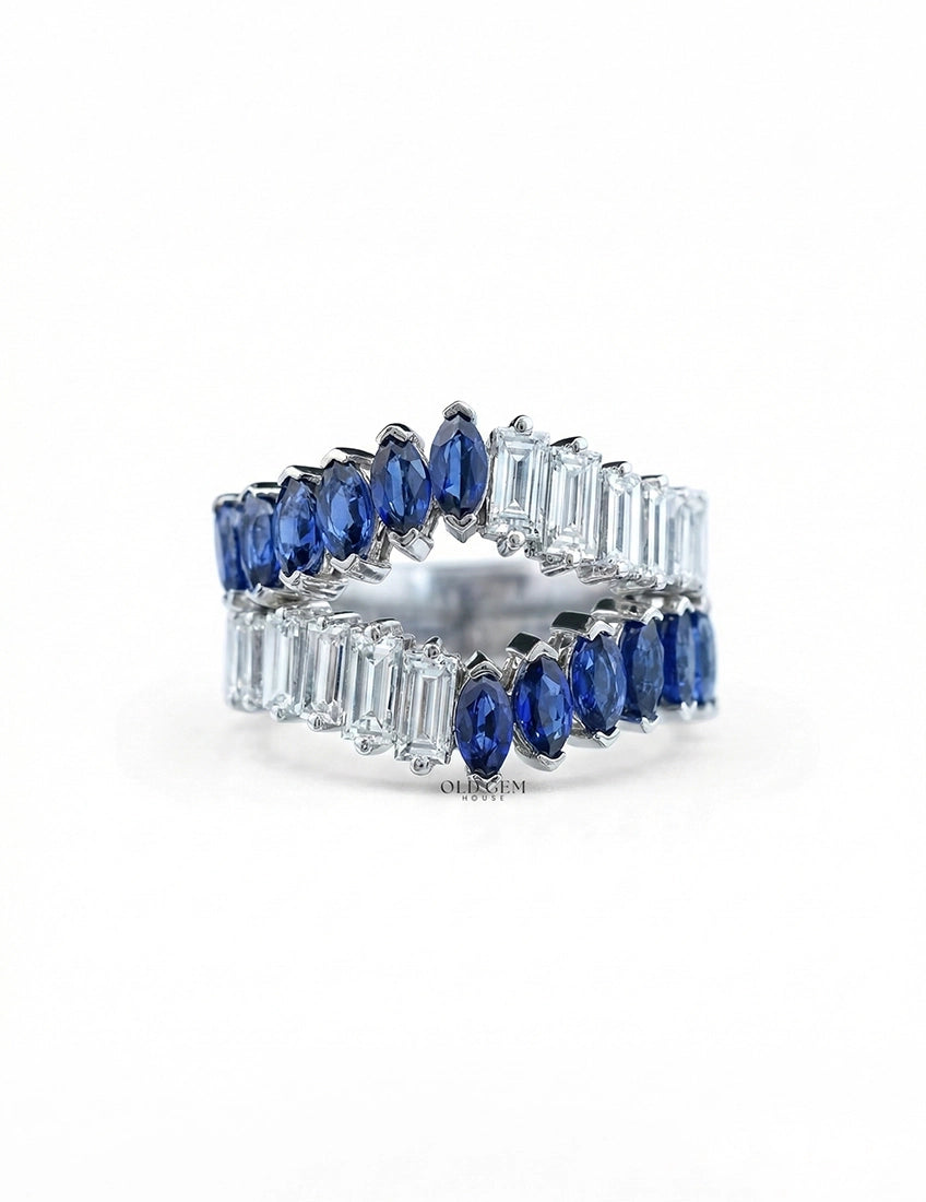 Double Row Marquise Blue Sapphire Gemstone Enhancer Ring Wedding Band