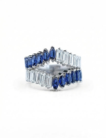 Double Row Marquise Blue Sapphire Gemstone Enhancer Ring Wedding Band