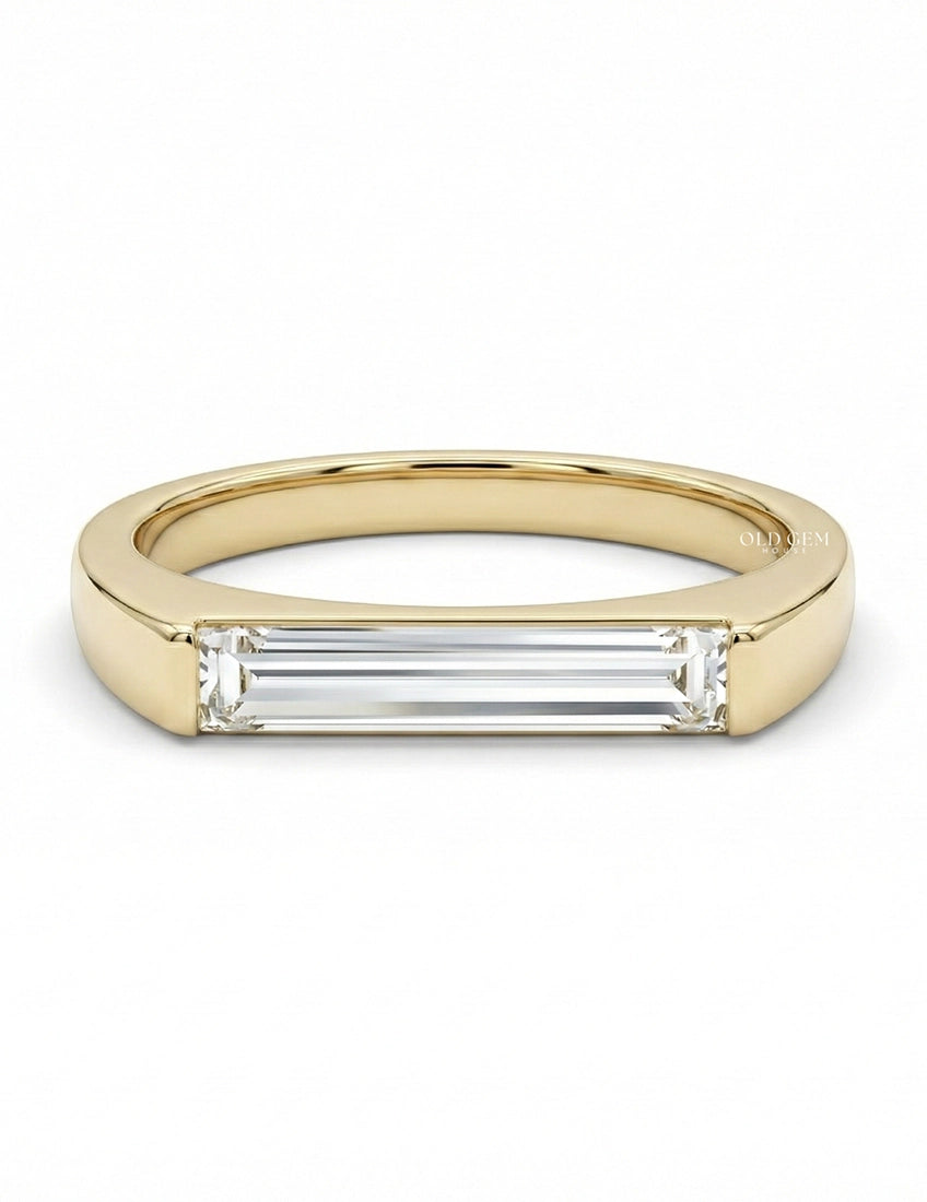 Mid Century East West Baguette Cut Lab Diamond Solitaire Ring Engagement Ring