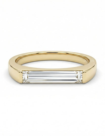 Mid Century East West Baguette Cut Lab Diamond Solitaire Ring Engagement Ring