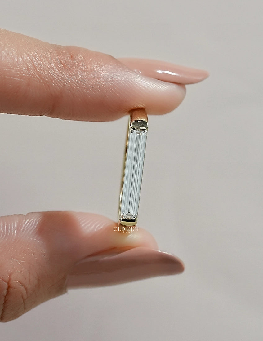 Mid Century East West Baguette Cut Lab Diamond Solitaire Ring Engagement Ring