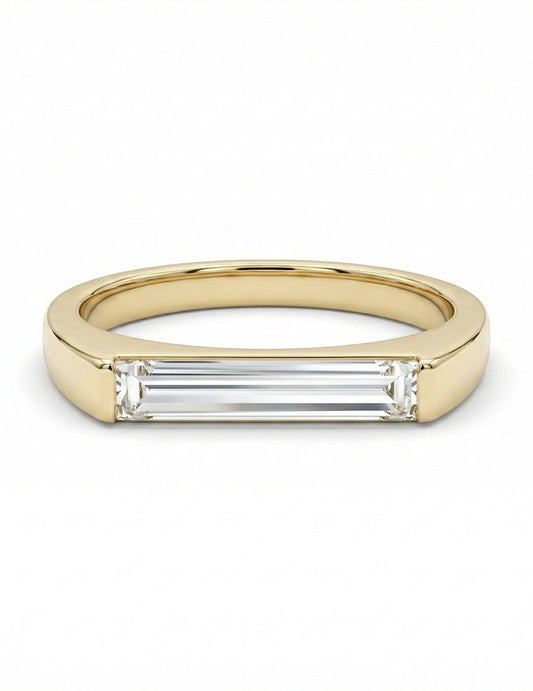 Mid Century East West Baguette Cut Lab Diamond Solitaire Ring Engagement Ring
