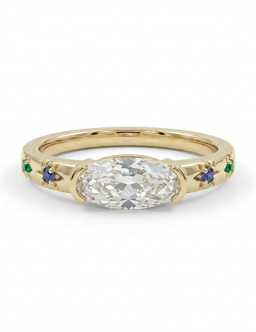 Georgian East West Old Mine Moval Half Bezel Set Ring Engagement Ring
