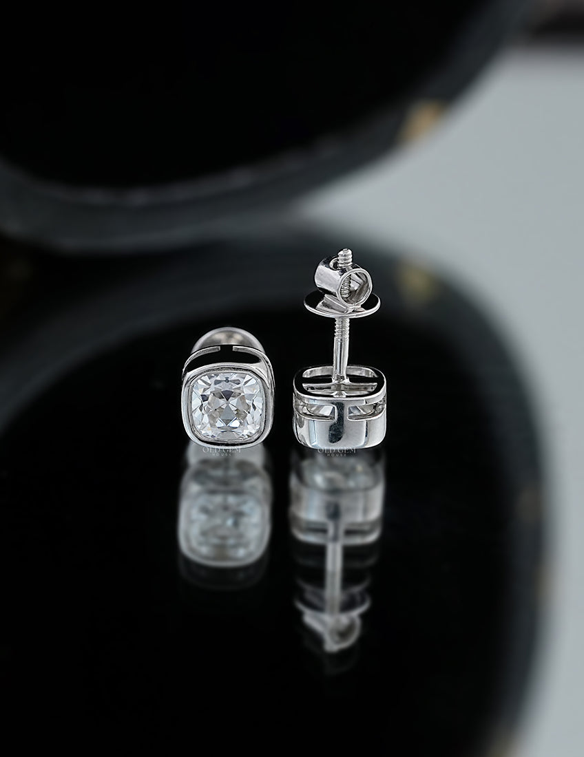 Old Mine Cushion Bezel Stud Earrings