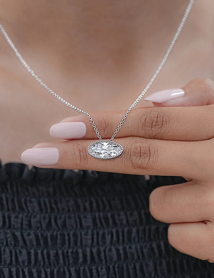 Old Mine Moval Lab Diamond Milgrain Set Pendant Necklaces