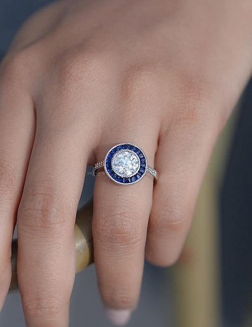 Art Deco OEC Round Diamond Sapphire Halo Engagement Ring