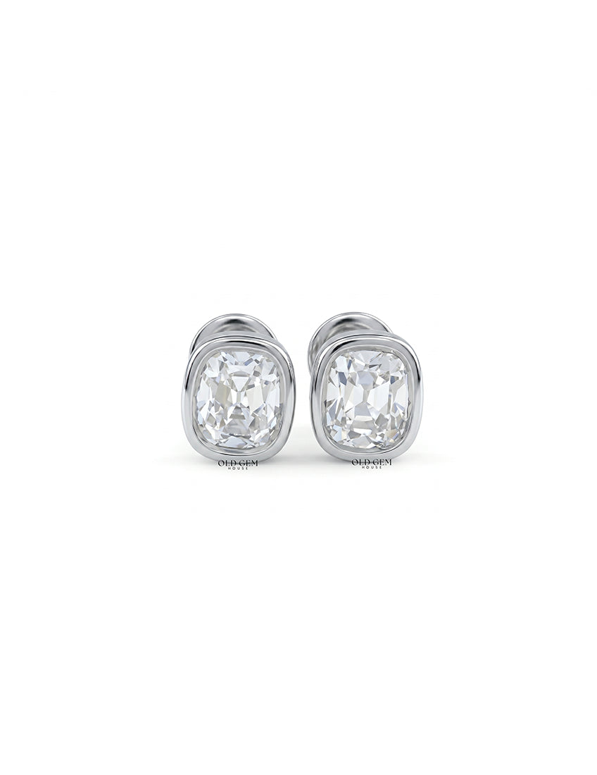 Old Mine Cushion Diamond Bezel Set Stud Earring Earrings
