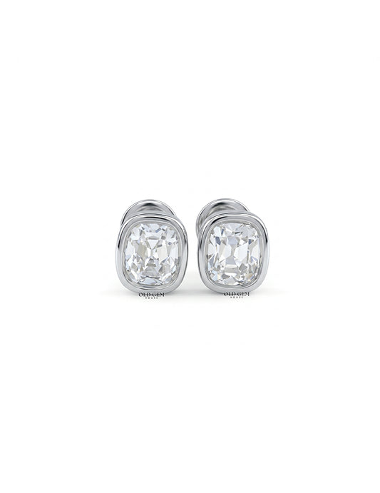 Old Mine Cushion Diamond Bezel Set Stud Earring Earrings