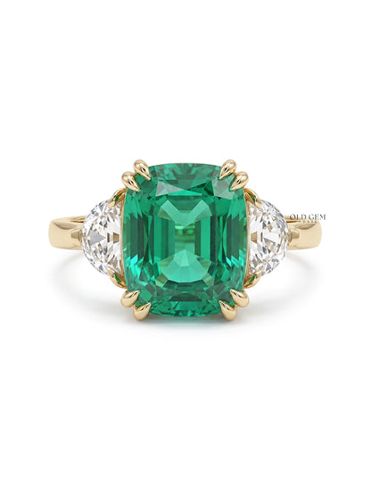 Art Deco Emerald Cushion Cut Diamond Three Stone Ring Engagement Ring