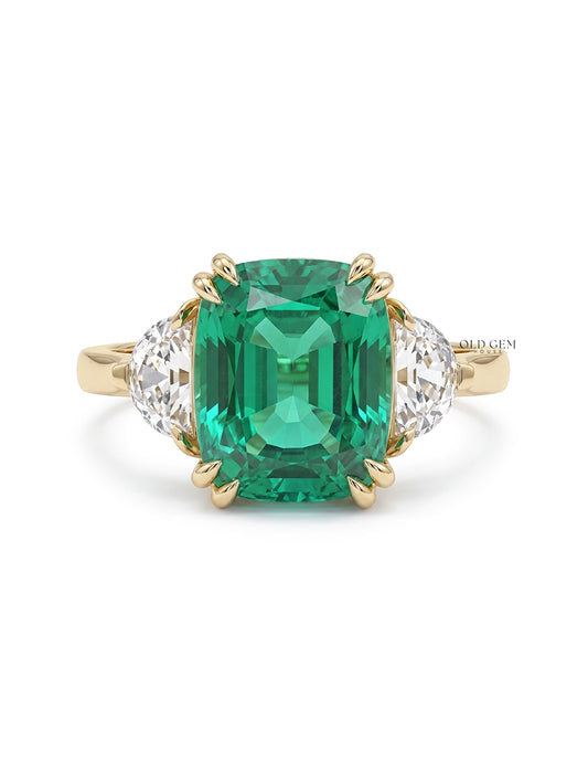 Art Deco Emerald Cushion Cut Diamond Three Stone Ring Engagement Ring