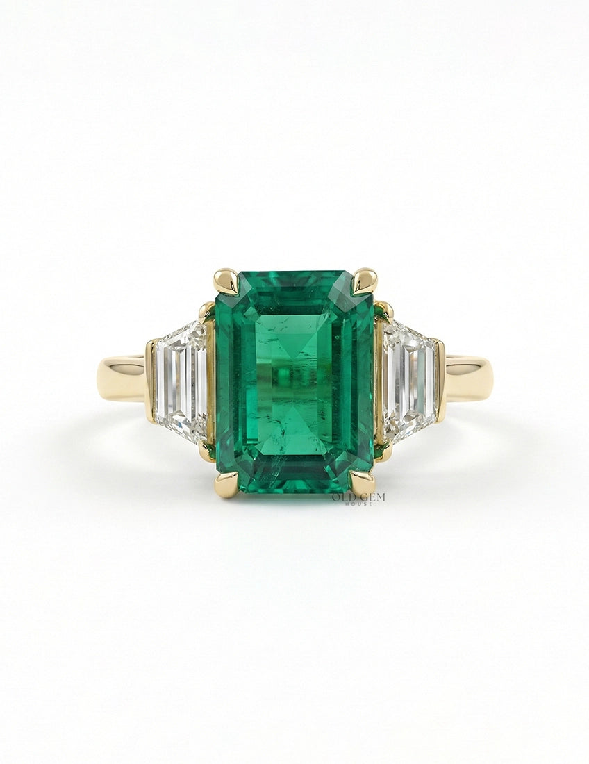 Mid Century Emerald And Trapezoid Diamond Three Stone Ring Engagement Ring