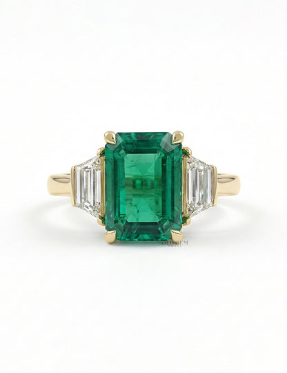 Mid Century Emerald And Trapezoid Diamond Three Stone Ring Engagement Ring