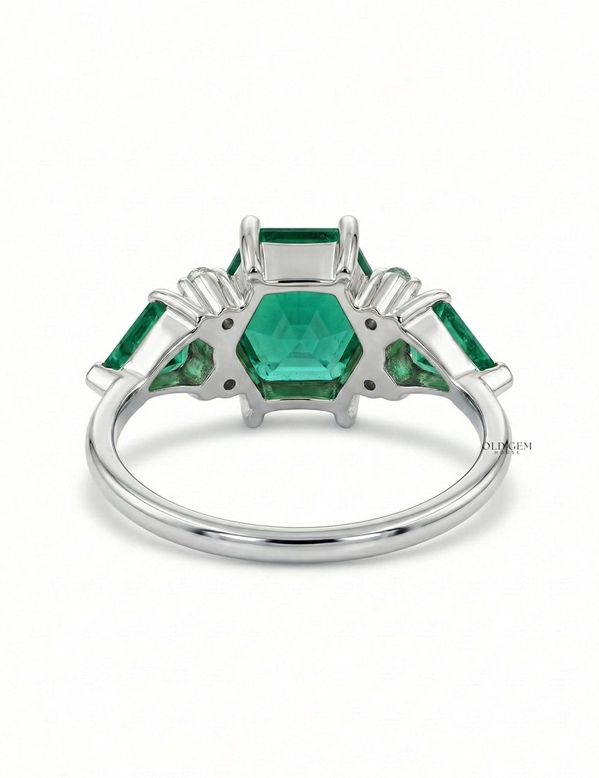 Art Deco Emerald Hexagon Cut Three Stone Ring Engagement Ring