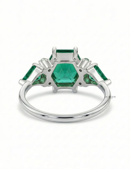Art Deco Emerald Hexagon Cut Three Stone Ring Engagement Ring