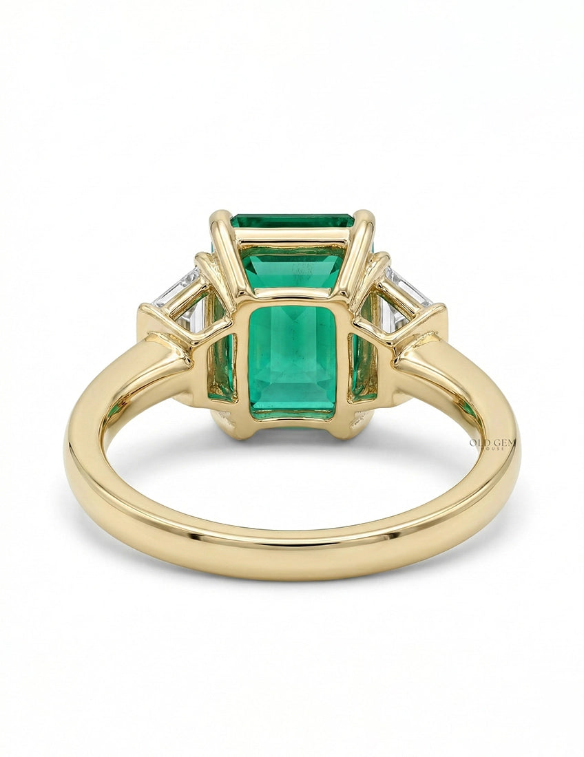 Mid Century Emerald And Trapezoid Diamond Three Stone Ring Engagement Ring