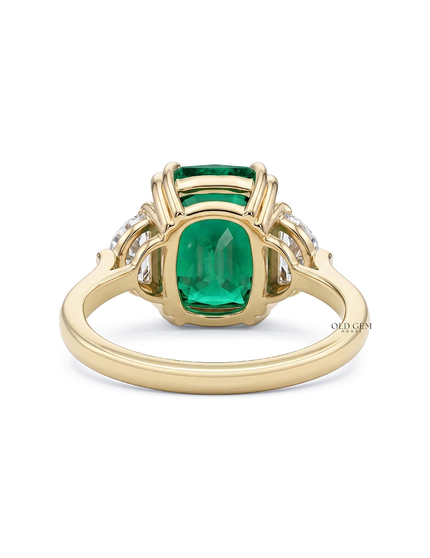 Art Deco Emerald Cushion Cut Diamond Three Stone Ring Engagement Ring